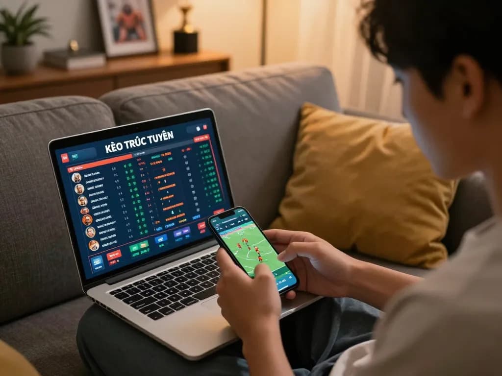 KÈO TRỰC TUYẾN betting on a smartphone, capturing an engaging online sports betting moment.