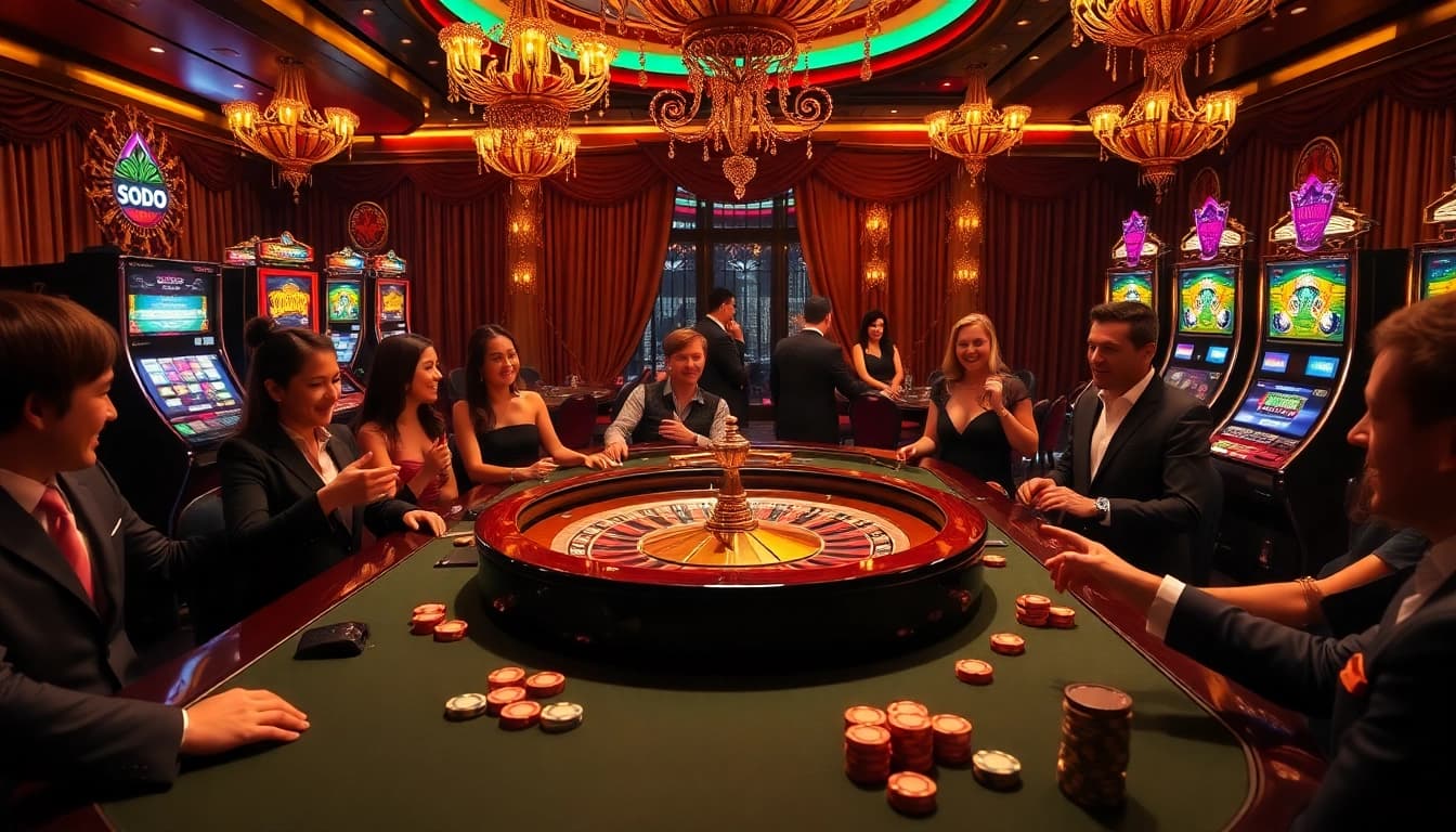 SODO casino scene featuring an exciting roulette wheel and colorful slot machines.