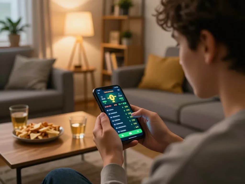 Fun88 user engaged in live sports betting on smartphone during cozy home setting.