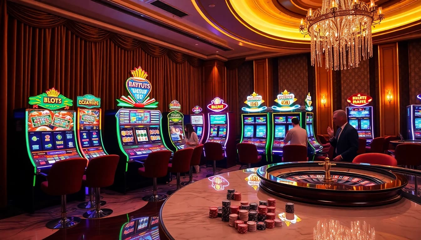 Excited players enjoy a vibrant slot online experience at a luxurious casino with colorful machines.