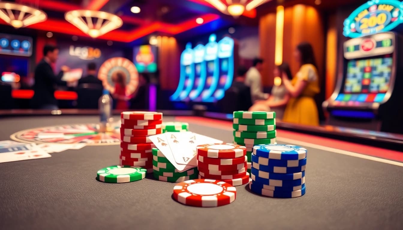 Experience thrilling gaming with lego138 at a modern casino table filled with poker chips and cards.