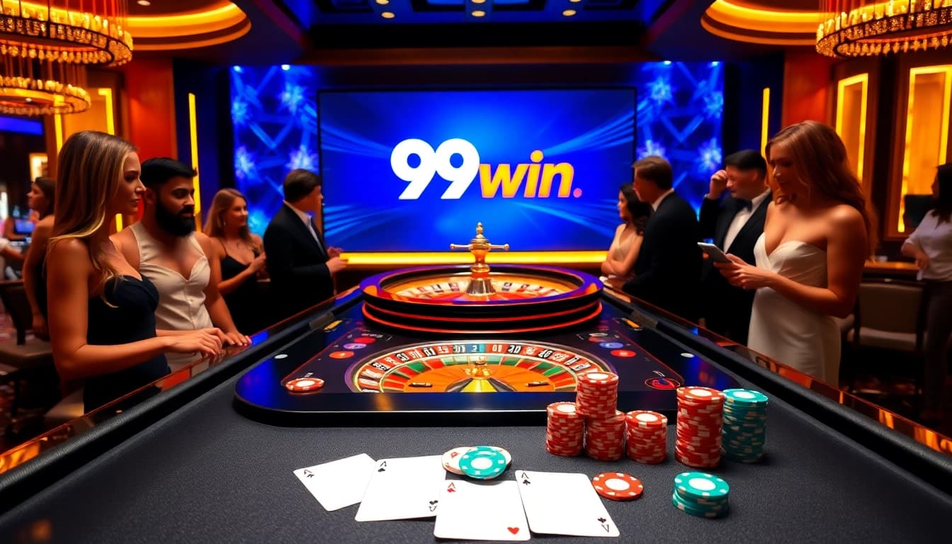 Gamblers at the 99win casino table placing bets on a vibrant roulette game.
