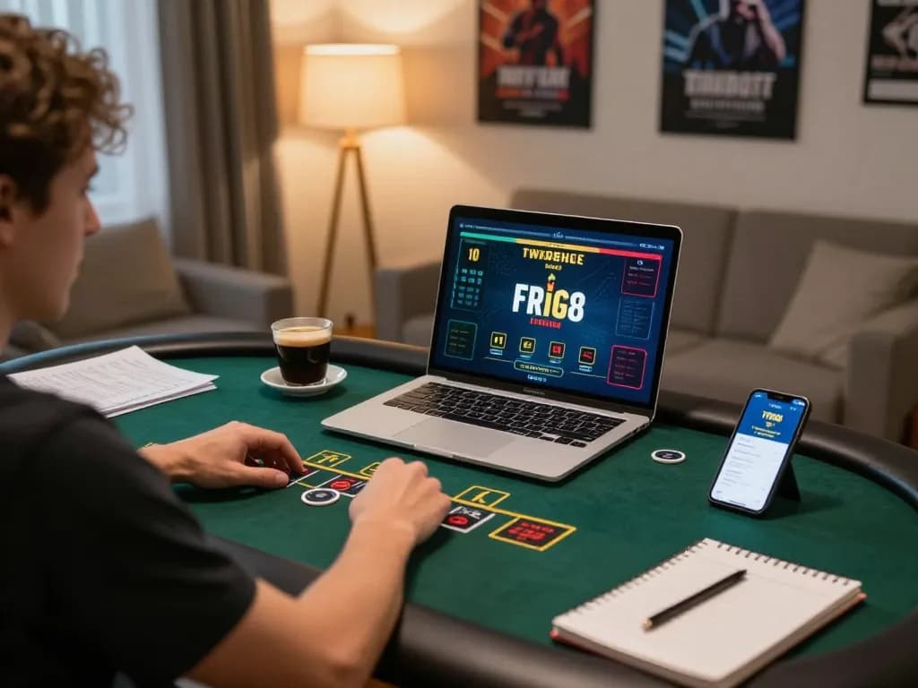 TWIN68 player engaging in live dealer blackjack at home with gaming strategy notes visible