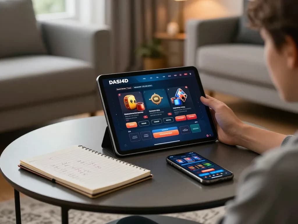Antarmuka DASI4D link alternatif kasino yang ditampilkan di tablet, menunjukkan strategi permainan online.