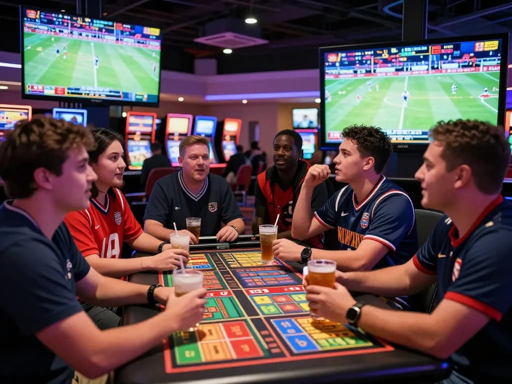 Group enjoying debet sports betting at a lively casino sportsbook.