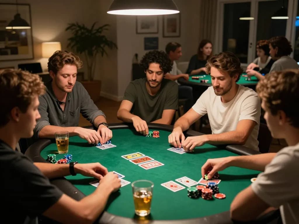 Engaged players strategy session during poker night with mega888 apk on the table.