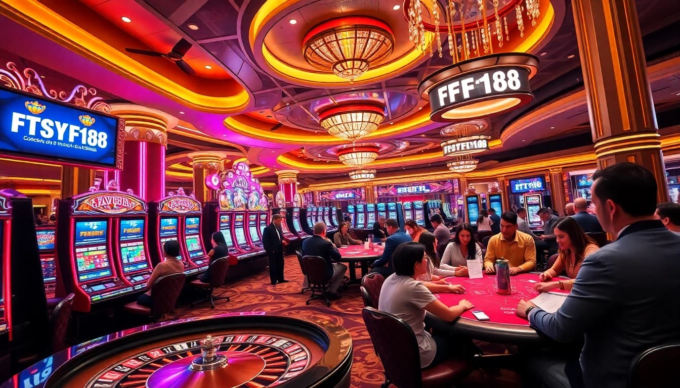 Players enjoying various games at F168 Casino with vibrant slot machines and roulette.