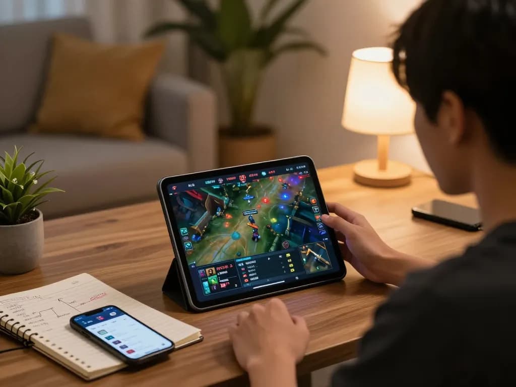 Engaged in esports betting Singapore, a gamer analyzes odds on a tablet in a cozy home setting.