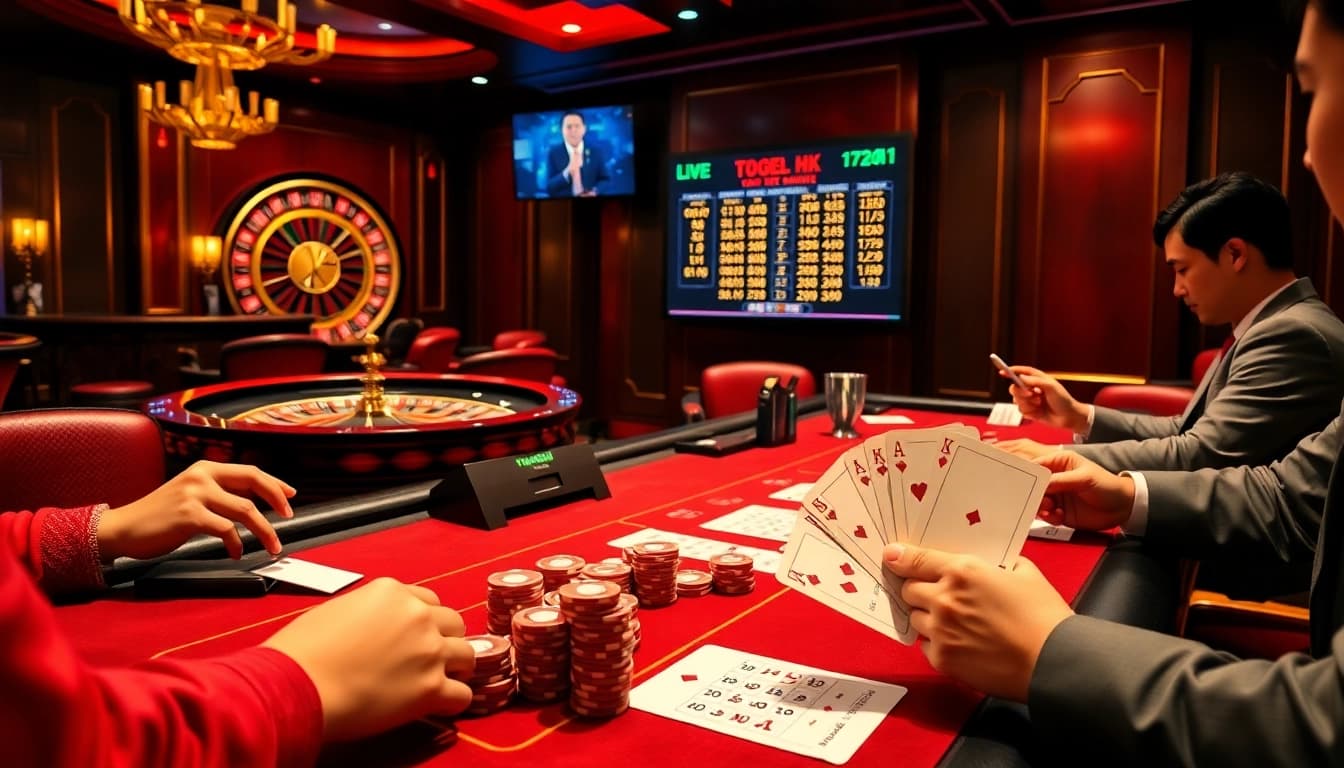 Togel HK players analyzing winning numbers at an elegant casino table with vibrant ambiance.