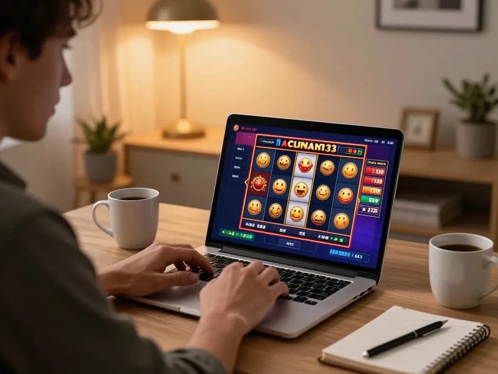 Playing macan33 slots on laptop in a stylish home office during a cozy gaming session.
