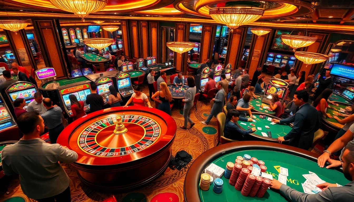 Players betting on 555win at a vibrant casino scene with roulette, poker, and slot machines.