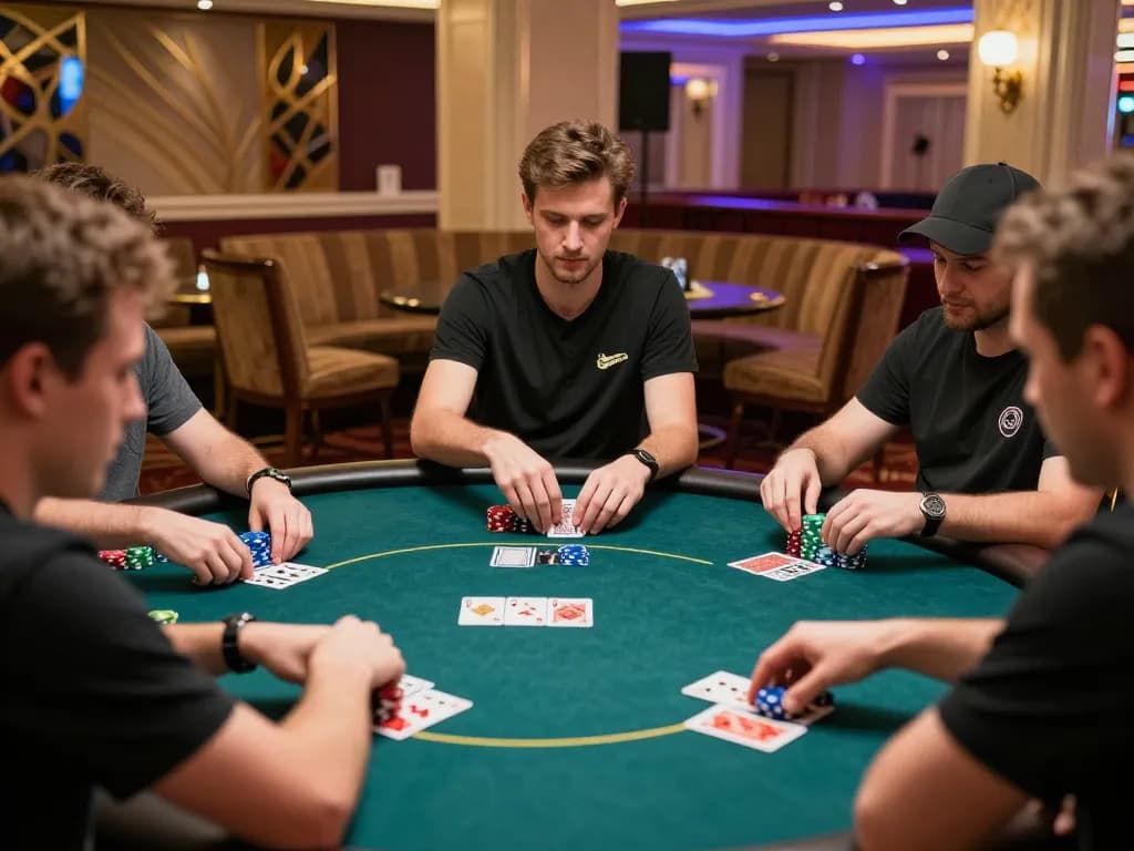 Melibatkan pemain dalam permainan poker langsung yang mendebarkan di kasino mewah sambil mendiskusikan strategi dan chip.