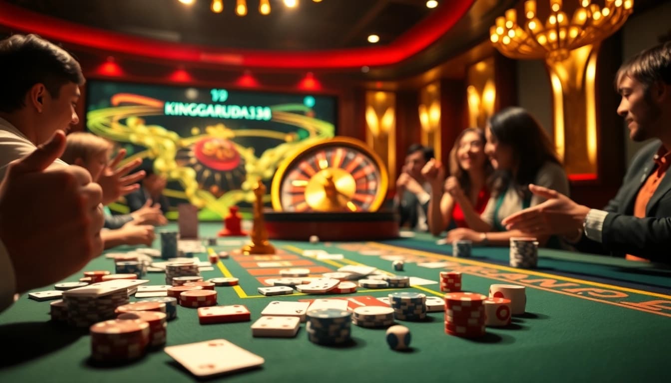 Experience the excitement of kinggaruda138 at a luxurious casino table filled with vibrant poker chips and cards.