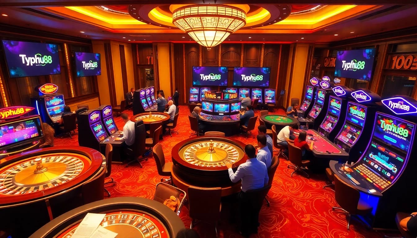 Excited players gambling at Typhu88's luxurious casino featuring vibrant slot machines.