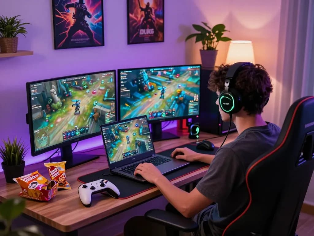 Experience web sunwin's vibrant online gaming setup with multiple screens, colorful lights, and personal touches.