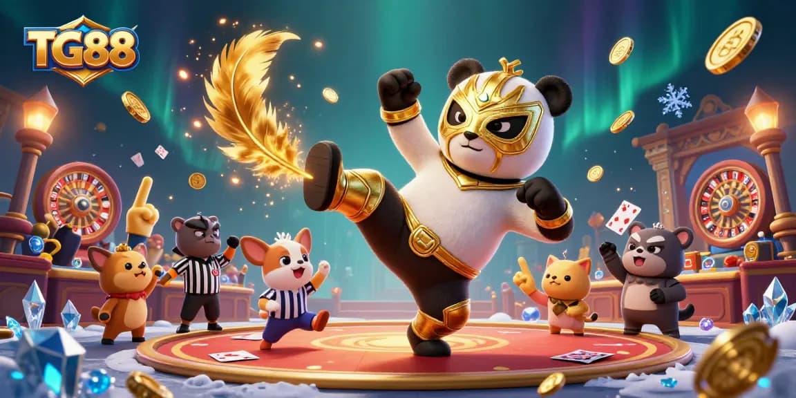 Engage with TG88 in an exciting casino scene filled with animated characters and vibrant game elements.