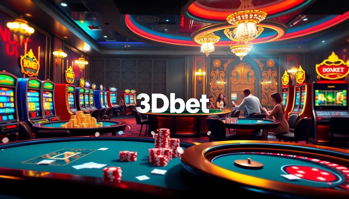 Experience the thrill of 3Dbet with vibrant casino scenes featuring engaging actions, roulette wheels, and poker games.