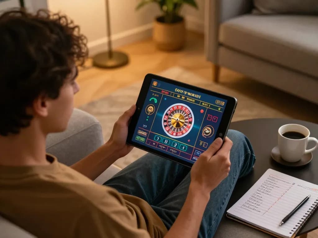 Engaged player on tablet using TK999 live roulette app in cozy home setting.