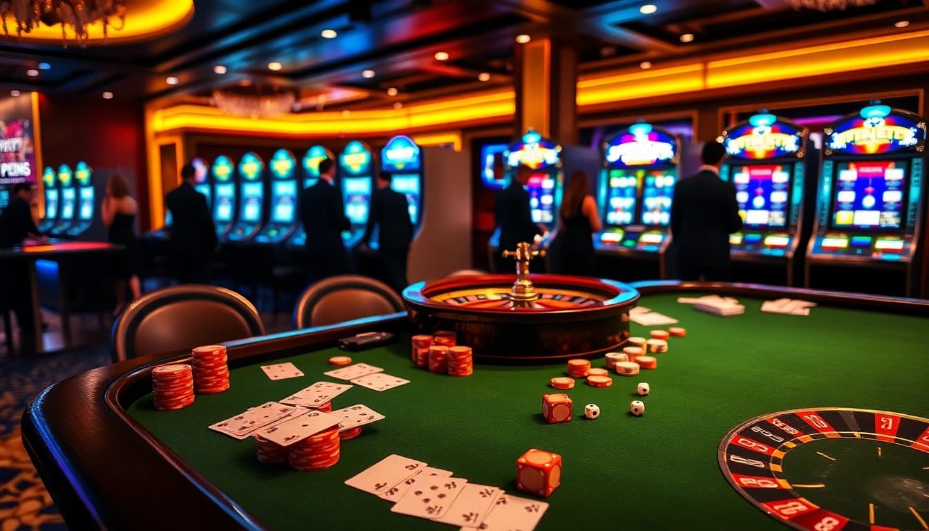 Experience vibrant gambling excitement at OPEN88 with luxurious tables and colorful slot machines.