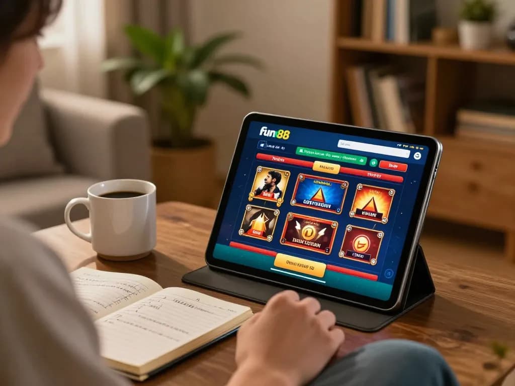 Engaged player using fun88 app on tablet from a cozy home setting.