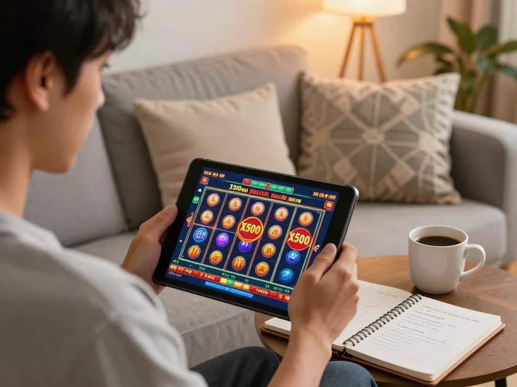 Engaging online casino gameplay with to188 showcasing exciting slots and strategic notebook.
