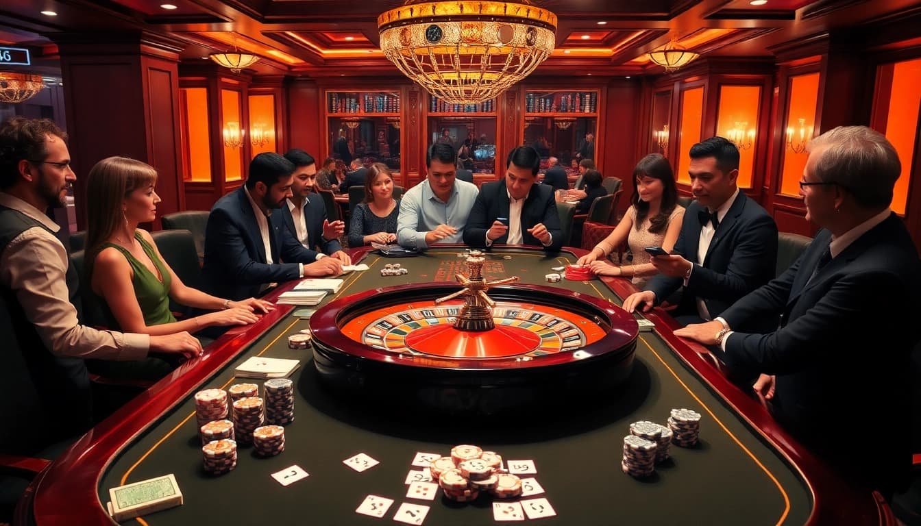 Players engaging in high-stakes gambling at SV66 with poker chips and cards highlighted.