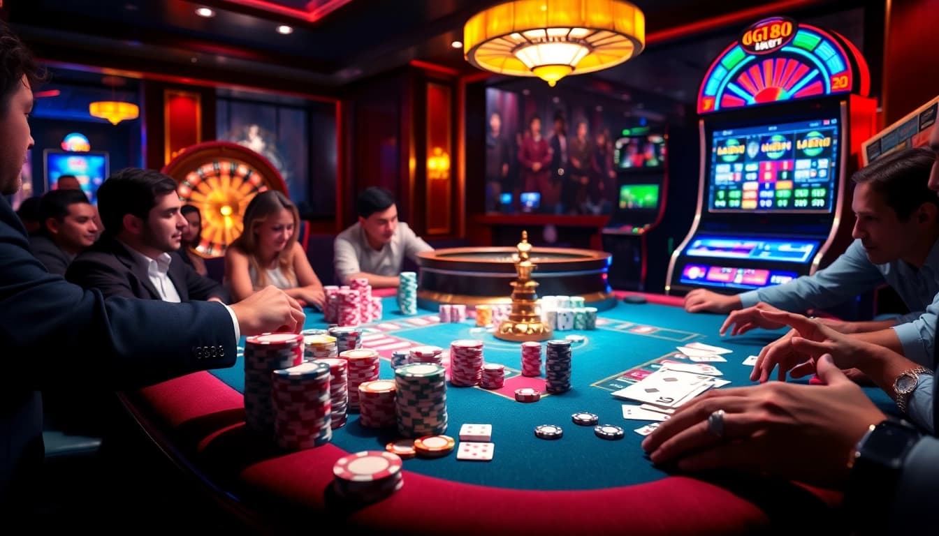 Players celebrating their wins at gg88 media’s luxurious casino table filled with chips and cards.