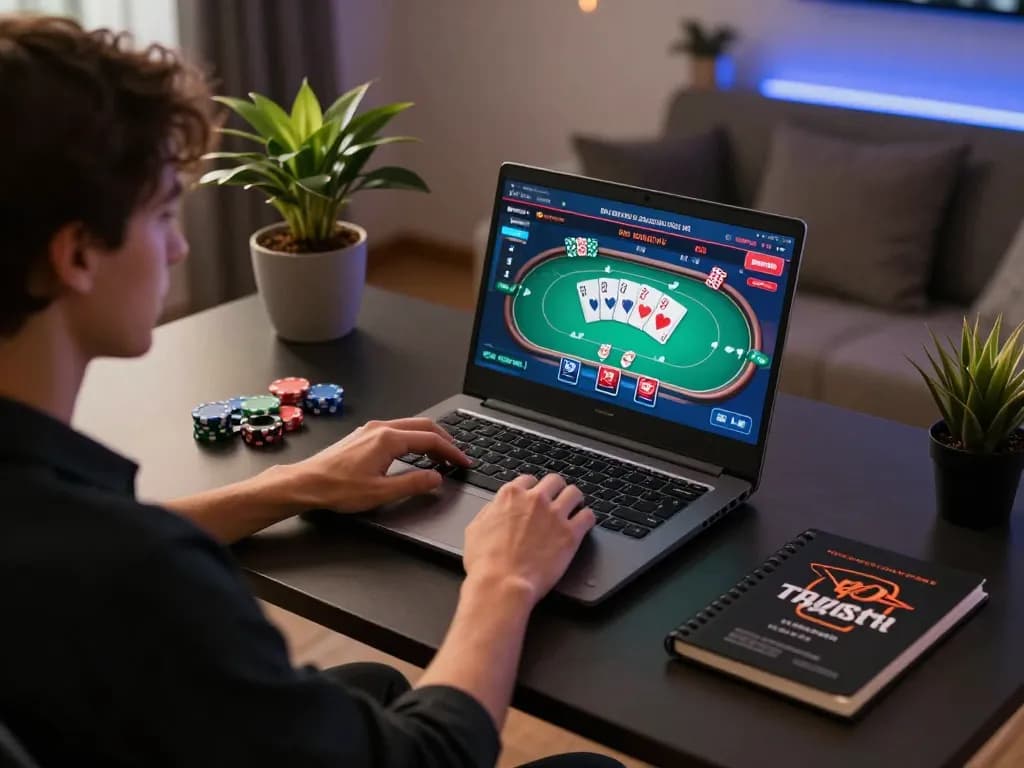 Player engages with online poker at home, exploring strategies with liên minh okwin.