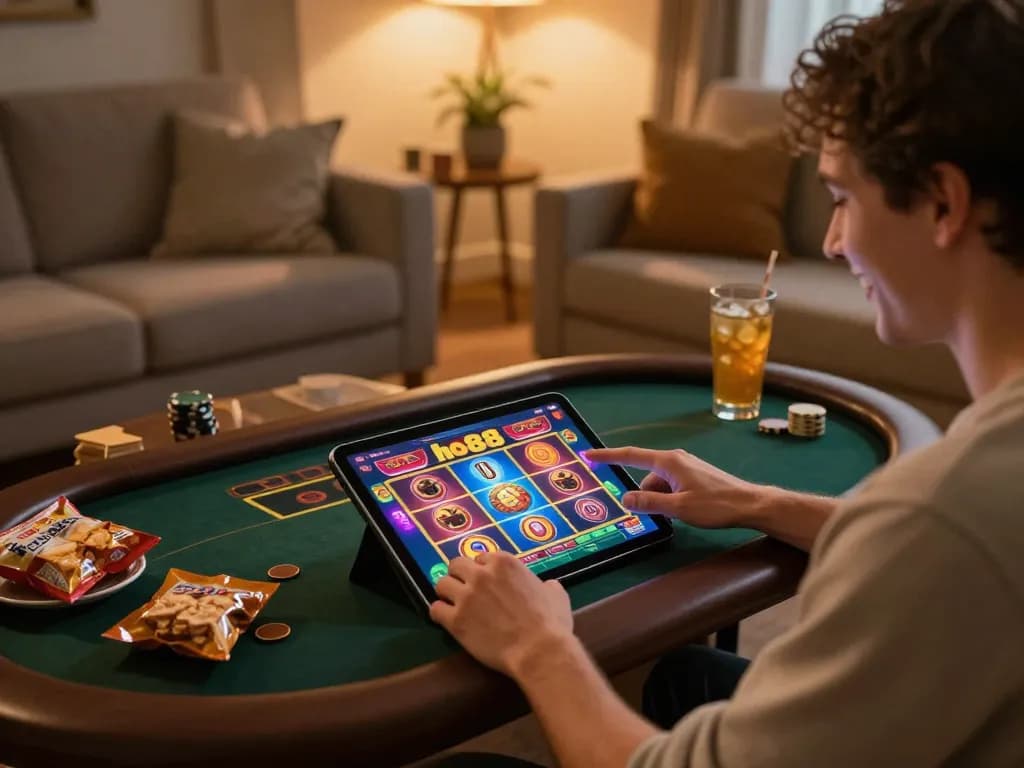 Player enjoying the ho88 online casino app on a tablet, showcasing vibrant game graphics and a cozy ambiance.