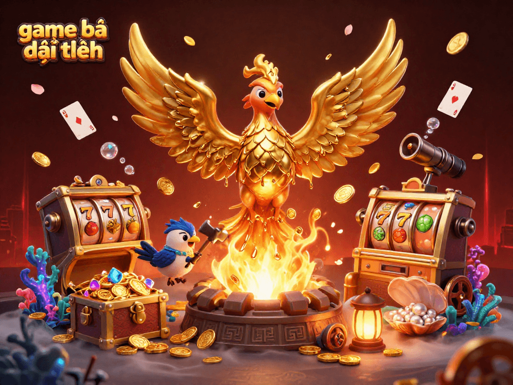 Experience game bài đổi thưởng with a vibrant 3D phoenix scene packed with slot elements and treasures.
