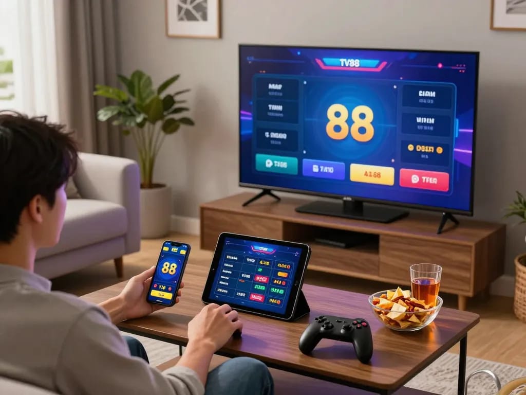 Engaged player exploring the tv88 online betting platform in a cozy living room.