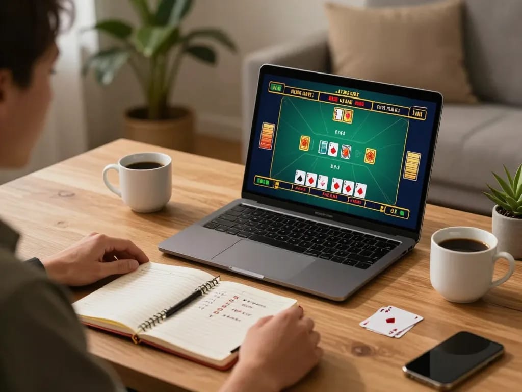 Engaging with live dealer blackjack on 5679z with a cozy home gaming setup.
