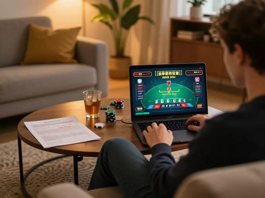 Engaging in online blackjack at home with uu88 gaming setup on laptop.