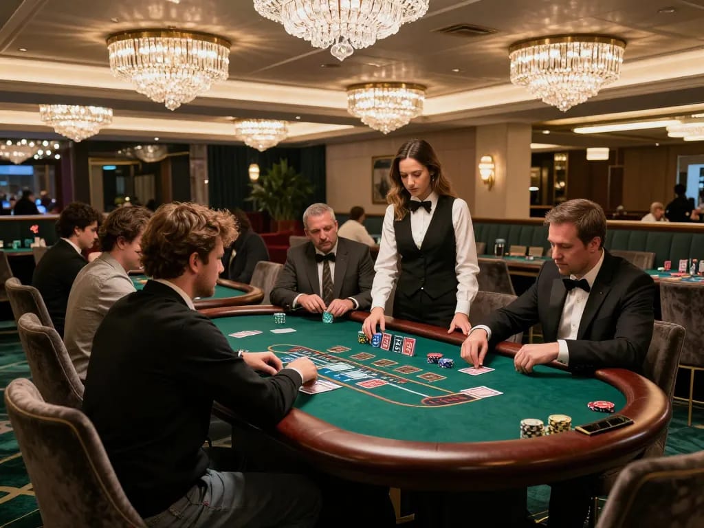 LIGA2000 players focused on high-stakes blackjack game in an upscale casino lounge.