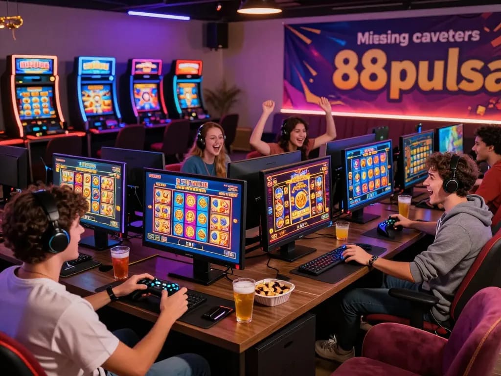 Friends excitedly playing on 88pulsa online casino, showcasing vibrant slot games and game controllers.