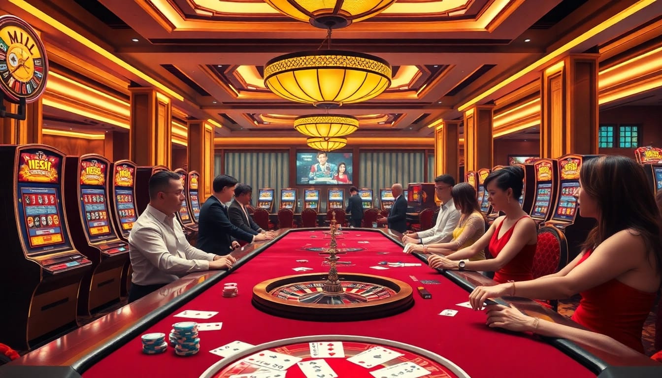 Experience the excitement of me88 with vibrant casino tables, dealers, and immersive gaming.