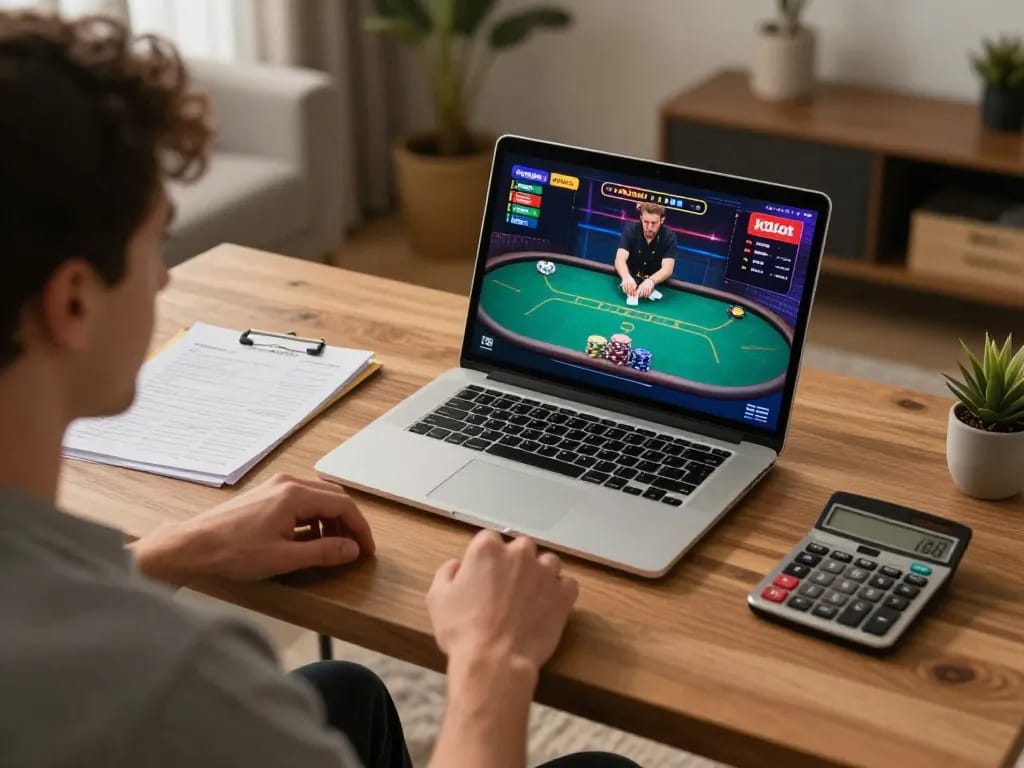 Player strategizing in kdslot online poker game setup at home, focused on screen.