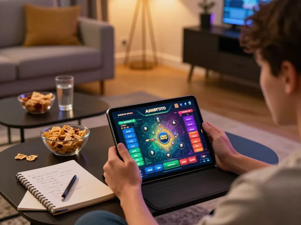 Adegan permainan AJAIBTOTO yang menampilkan seorang pemain menikmati pengaturan kasino online dengan grafik yang cerah dan catatan strategis.