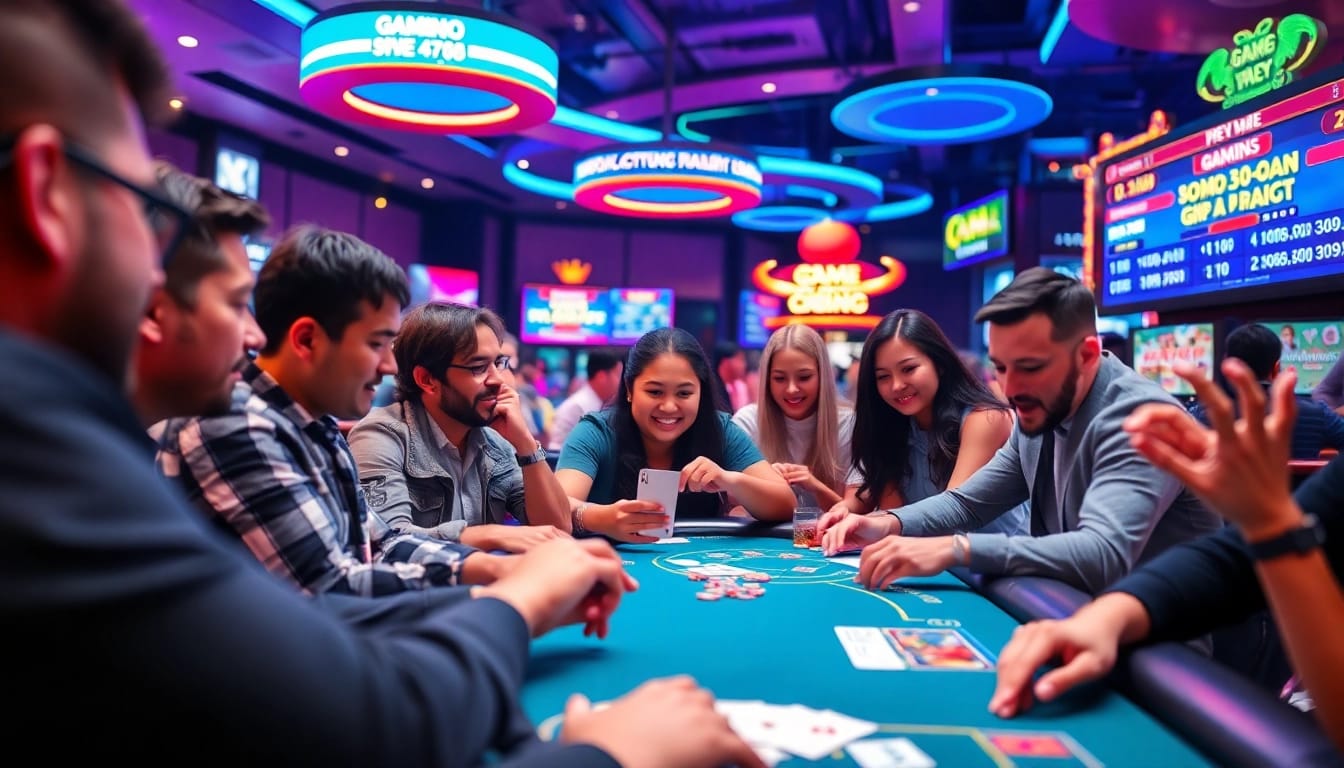 Engaging scene of diverse players enjoying game đổi thưởng in a vibrant online casino setting.
