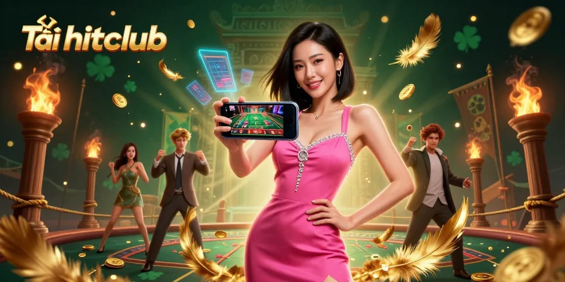 Experience online gambling with Tải hitclub, featuring vivid imagery of dynamic casino gameplay.