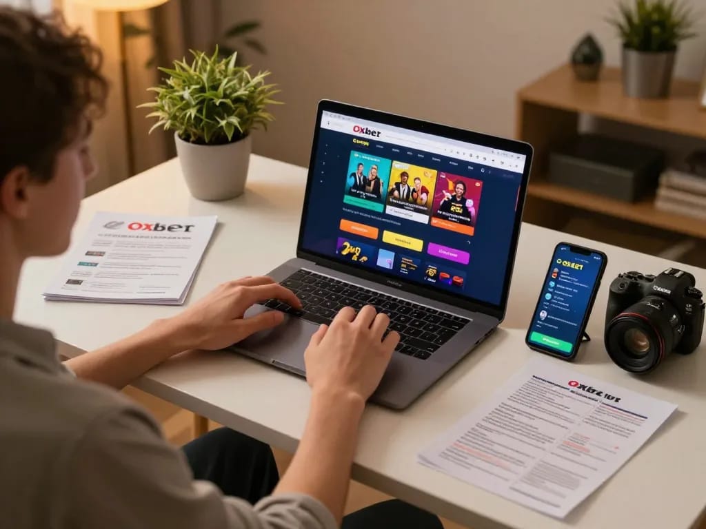 Person enjoys Oxbet gaming on laptop in a cozy home setup, showcasing online betting features.