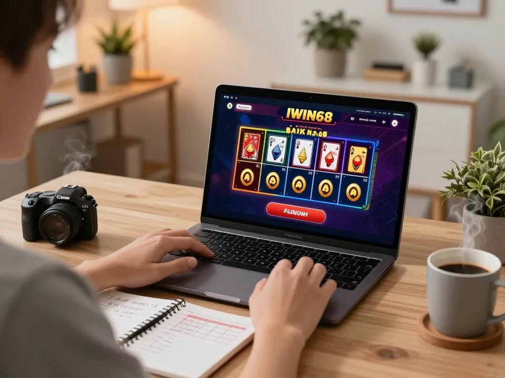 IWIN68 online gaming experience at home, showcasing strategic notes and a laptop playing casino games.