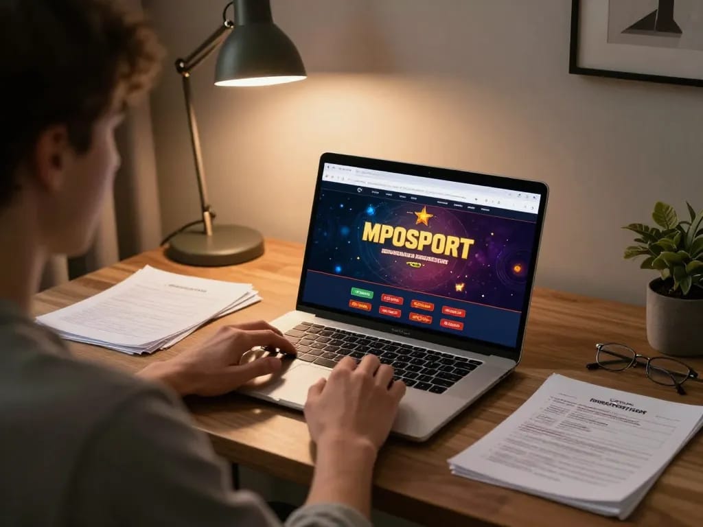 Player engaging with poker on the MPOSPORT casino site in a stylish home office setup.