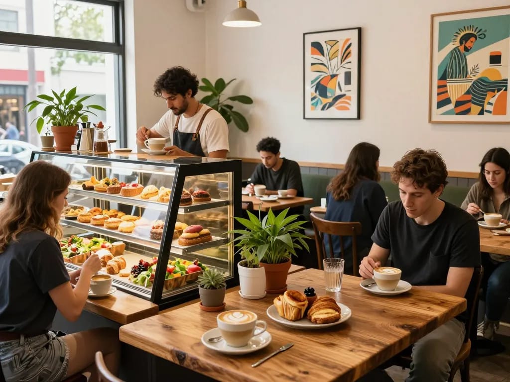 Customers enjoying the lively atmosphere at foya888 café, showcasing specialty drinks and treats.