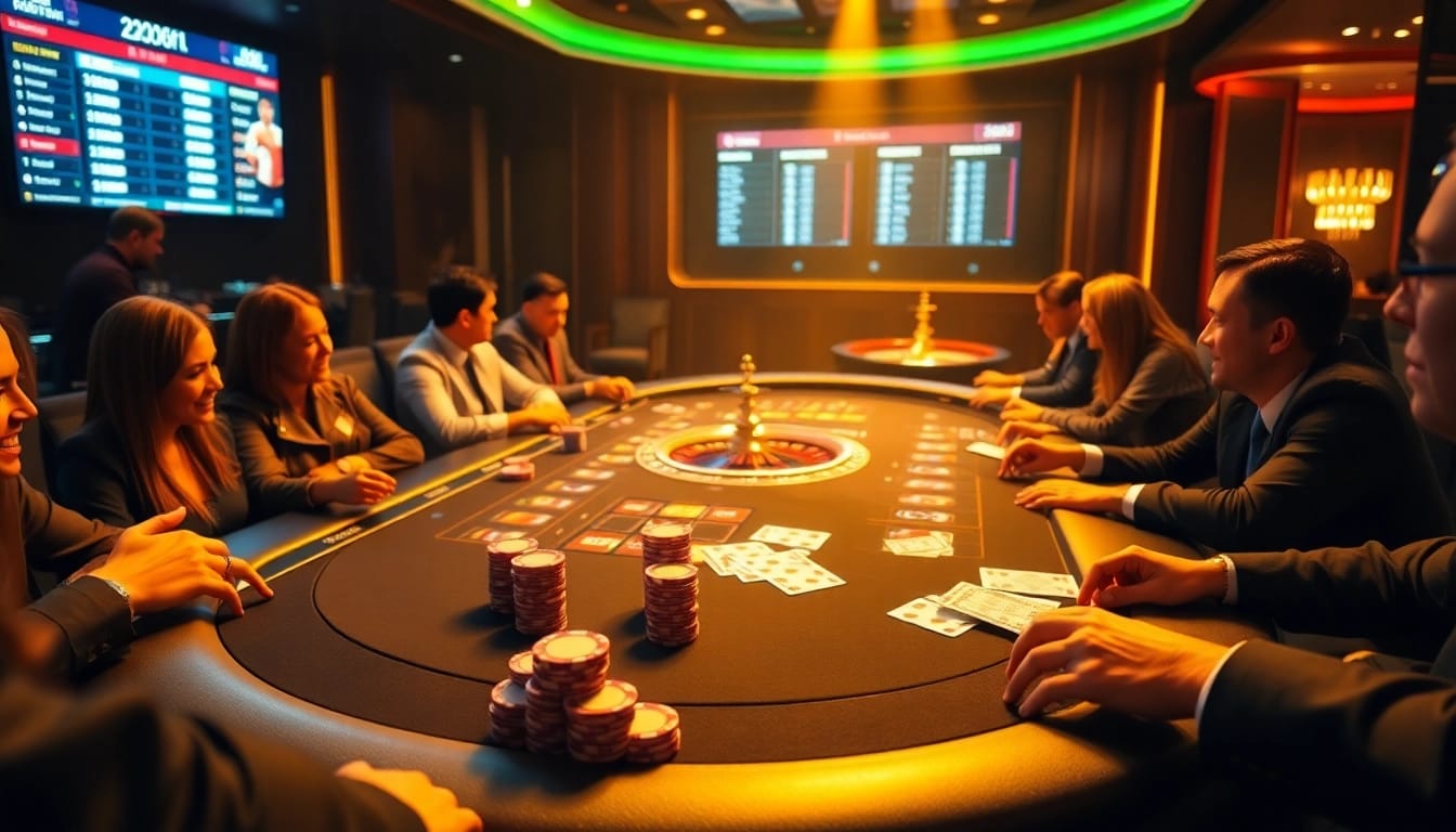 SBOBET88 players engaged in strategic betting at a vibrant casino table.