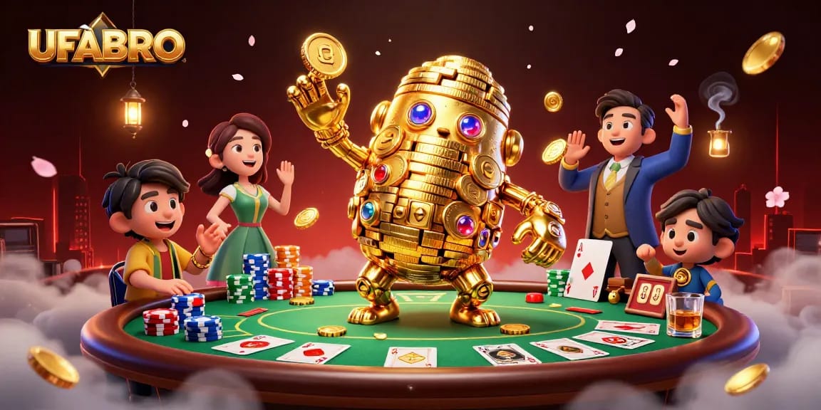 Experience exciting gambling adventures with UFABRO's rich casino elements in a visually stunning illustration.