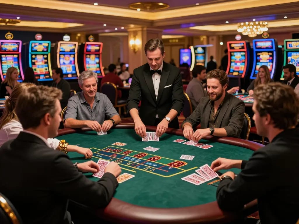 Players at MM88 casino enthusiastically placing bets while a dealer shuffles cards amidst vibrant gaming atmosphere.