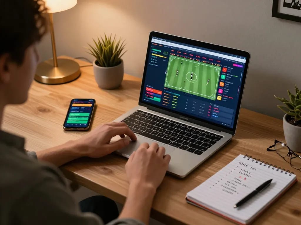 Betting on South African Online Casinos with a vibrant sports interface, notebooks, and strategies.