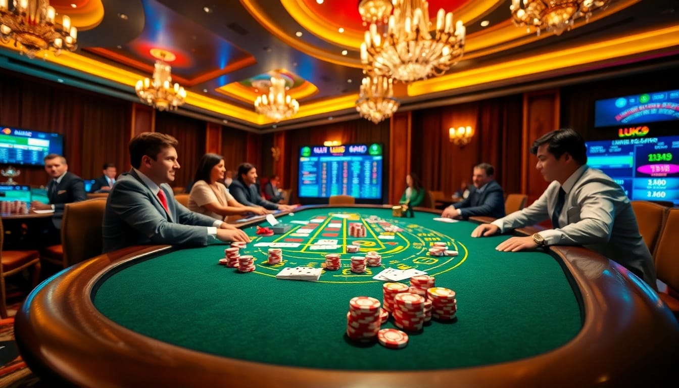 LUCK8 casino scene showcasing a vibrant gambling table with dealers and players in an exciting atmosphere.