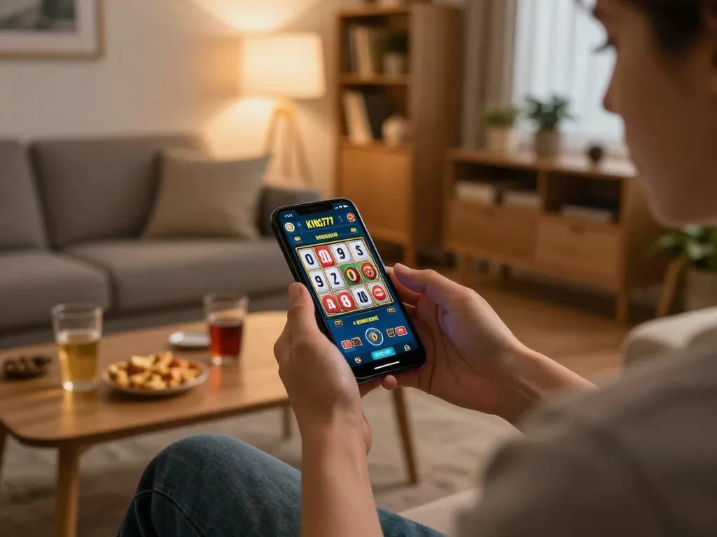 Bermain dengan aplikasi KING777 di smartphone, menikmati gameplay slot yang menarik di ruang tamu yang nyaman